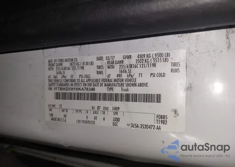 2017 Ford Transit-350 z USA, uszkodzony, nr VIN 1FTBW2XM1HKA78346